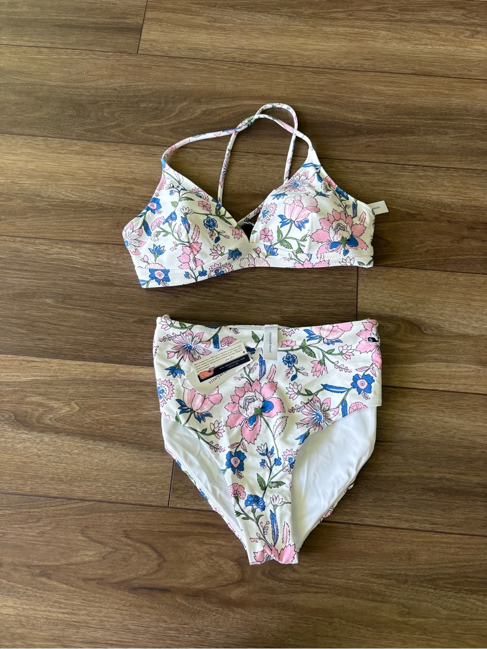 Vineyard Vines Floral High-Waist Bikini Set - Pink & Blue on Cream